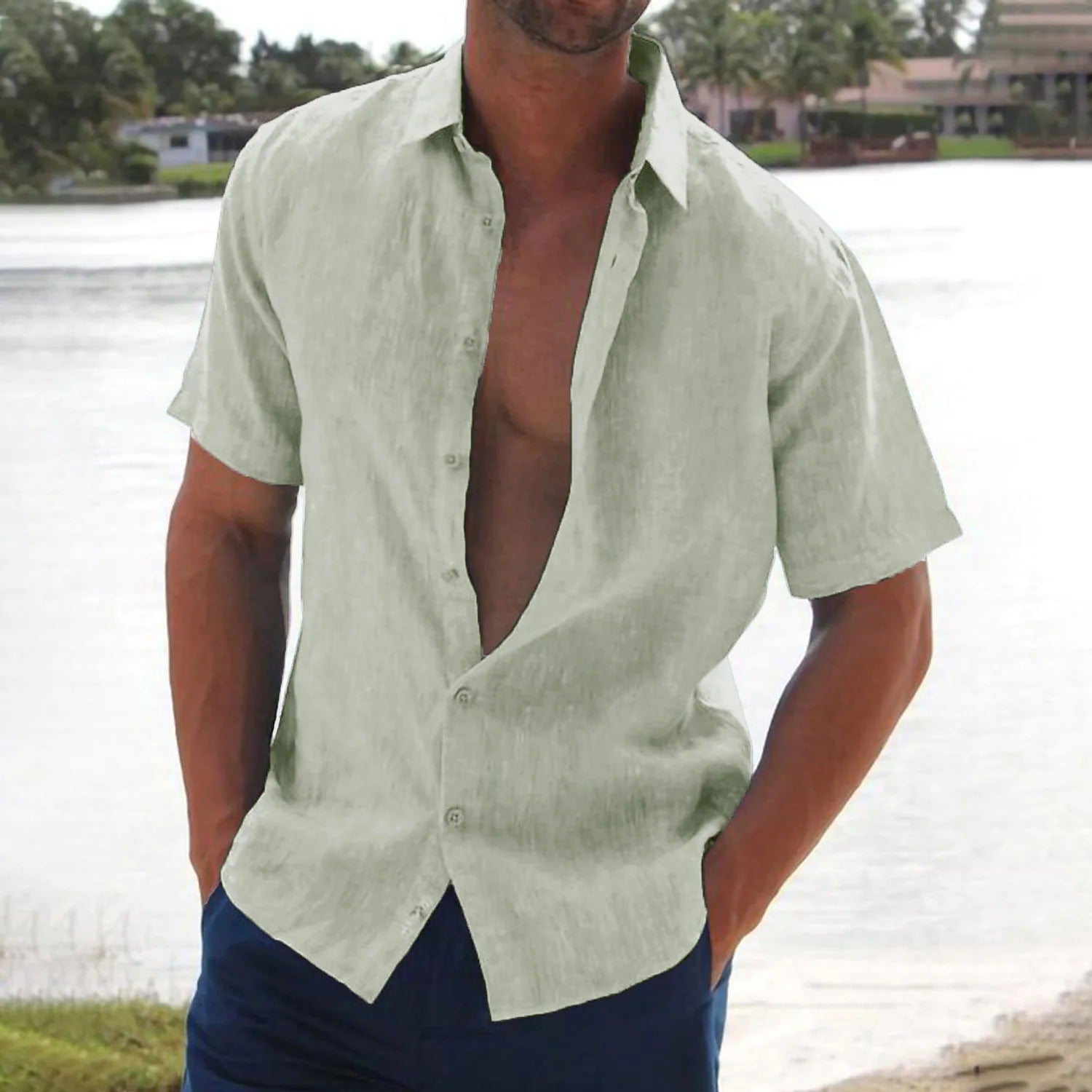 Men's Shirt Short Sleeve Spread Collar Button Down Casual
