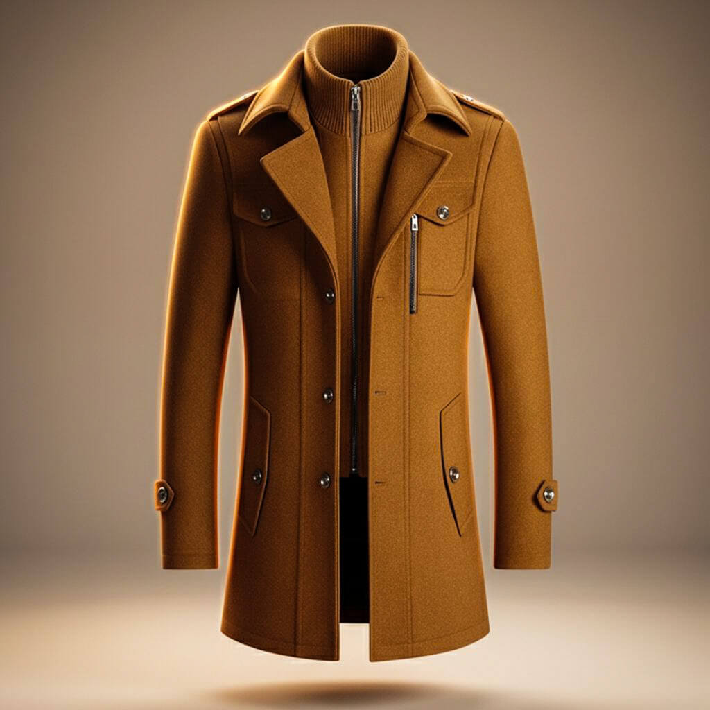 Beresford | Men's Single-Breasted Mid-Length Overcoat with Notch Lapels and Inner Collar Layer