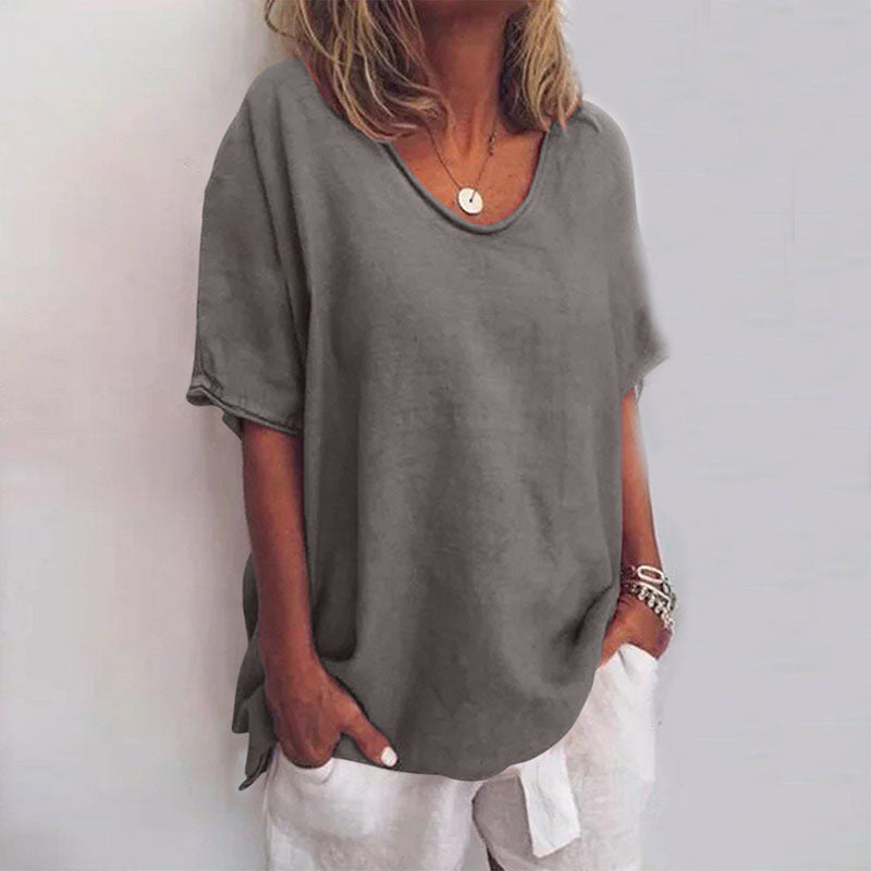 Women's Scoop Neck Blouse Woven Fabric Short Sleeve Loose Fit