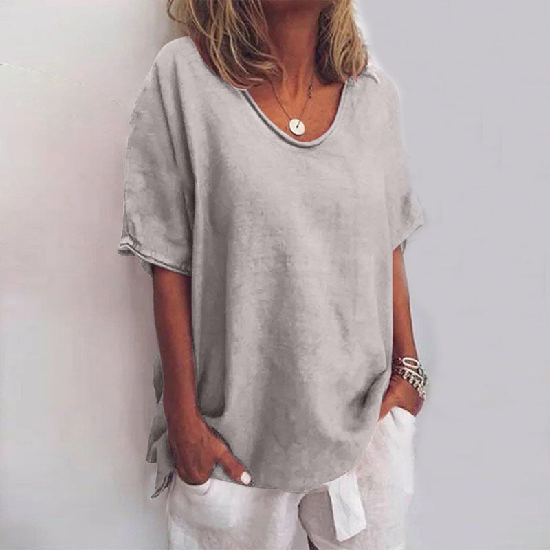 Women's Scoop Neck Blouse Woven Fabric Short Sleeve Loose Fit