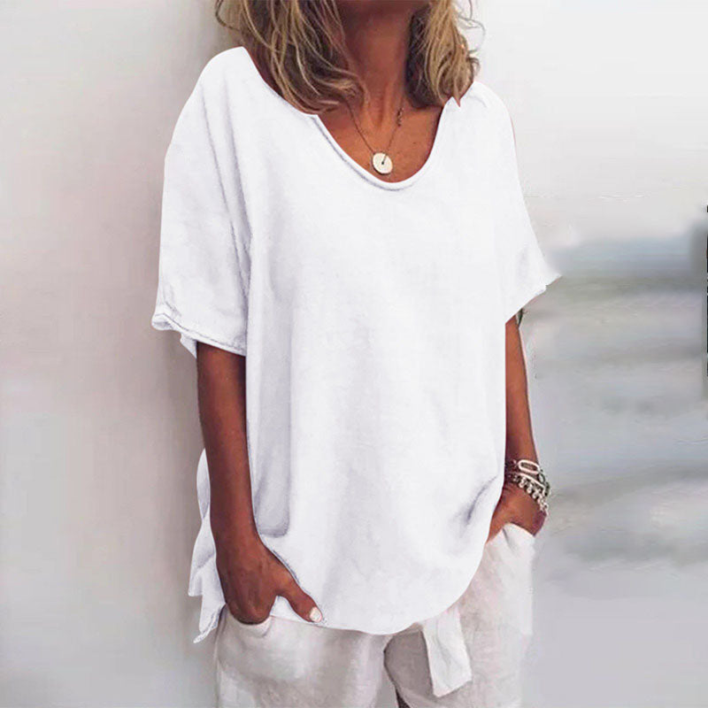 Women's Scoop Neck Blouse Woven Fabric Short Sleeve Loose Fit