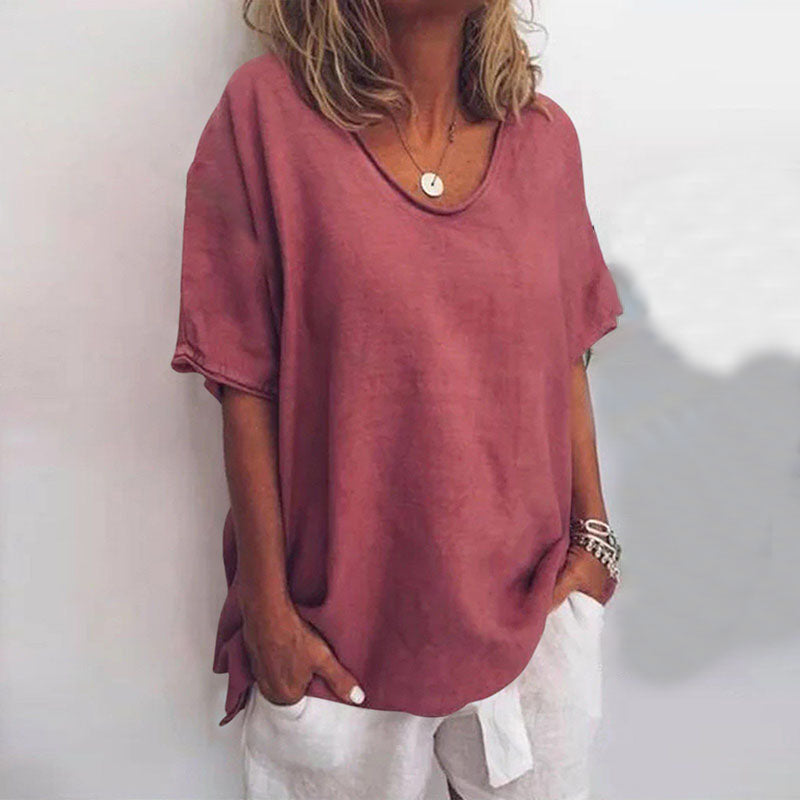 Women's Scoop Neck Blouse Woven Fabric Short Sleeve Loose Fit