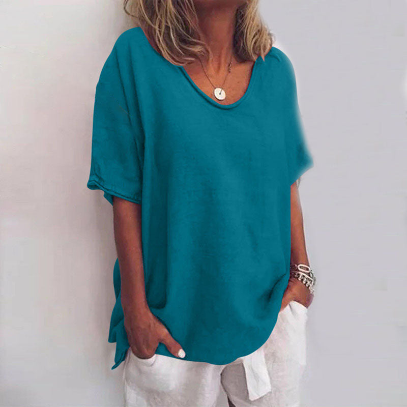 Women's Scoop Neck Blouse Woven Fabric Short Sleeve Loose Fit