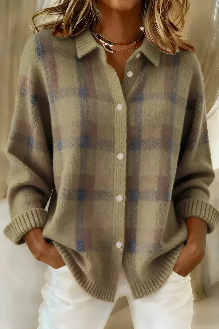 Clementine | Women's Elegant Longline Checkered Button-Front Cardigan - Brown