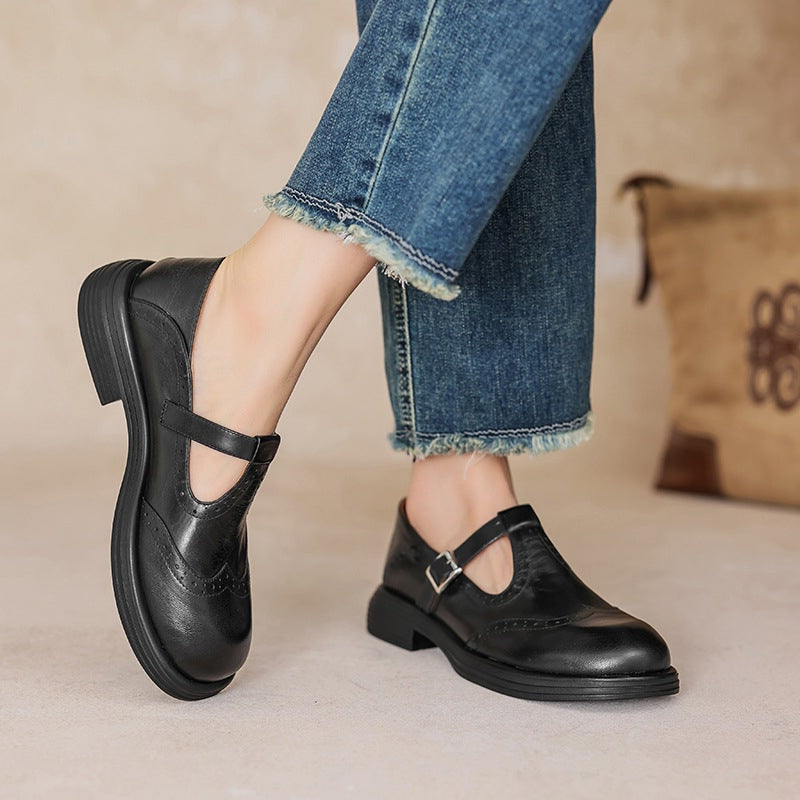 Mary Jane Shoes Women's Leather Fabric Buckle Strap
