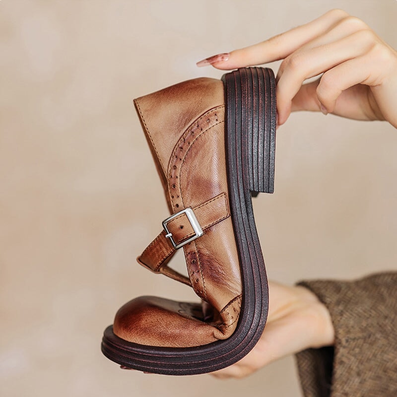Mary Jane Shoes Women's Leather Fabric Buckle Strap