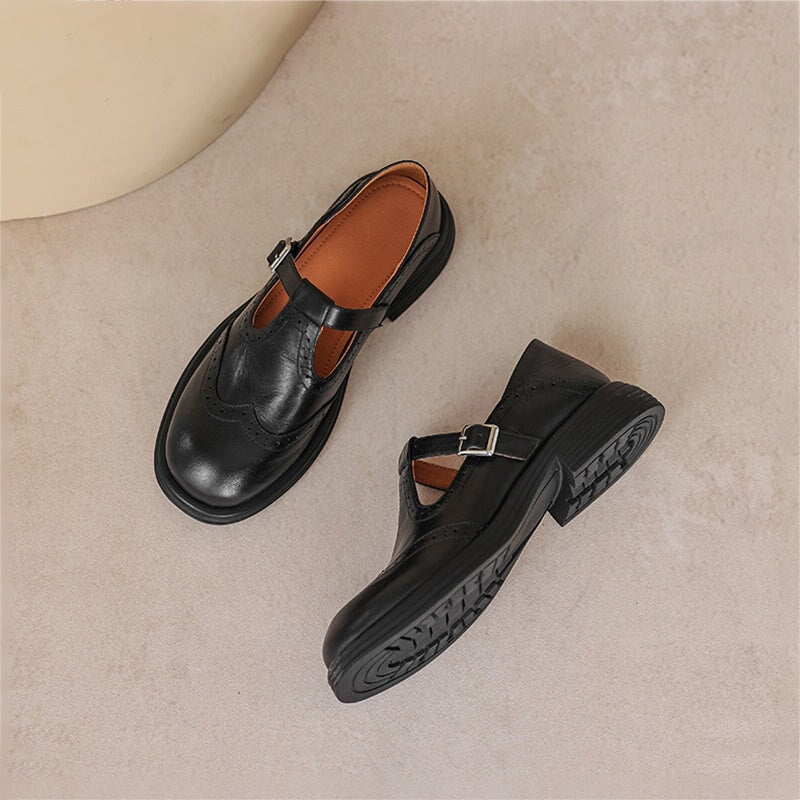 Mary Jane Shoes Women's Leather Fabric Buckle Strap
