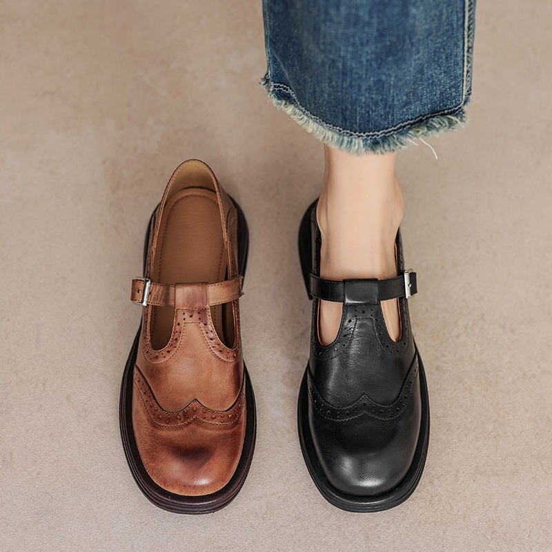 Mary Jane Shoes Women's Leather Fabric Buckle Strap