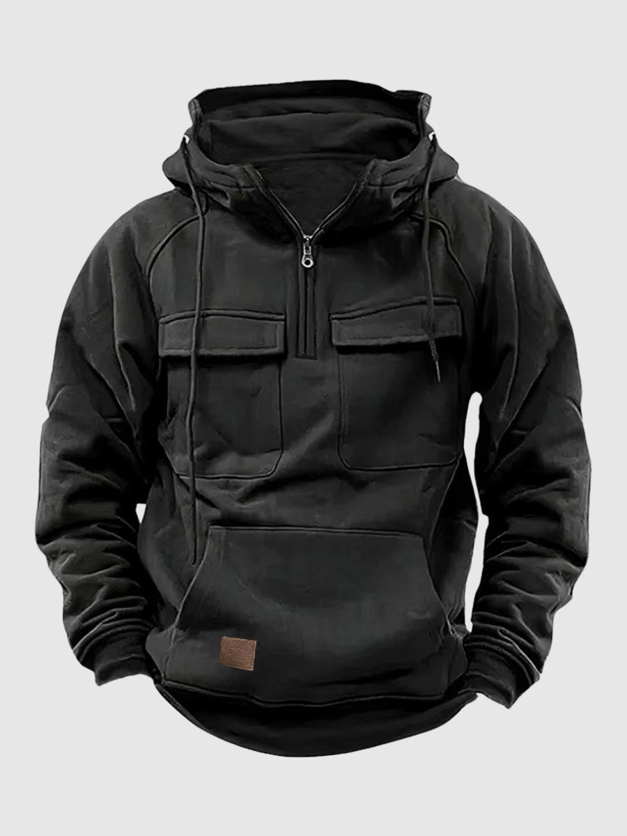 Men's quarter-zip cargo-pocket hoodie in black, front view