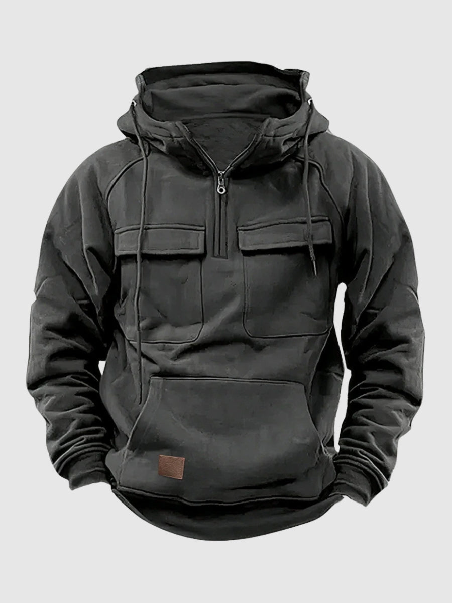 Men's quarter-zip cargo-pocket hoodie in grey, front view