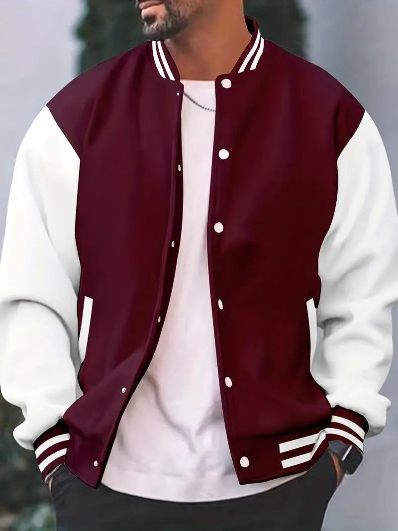 Men's Varsity Jacket with Contrast Sleeves and Ribbed Trims