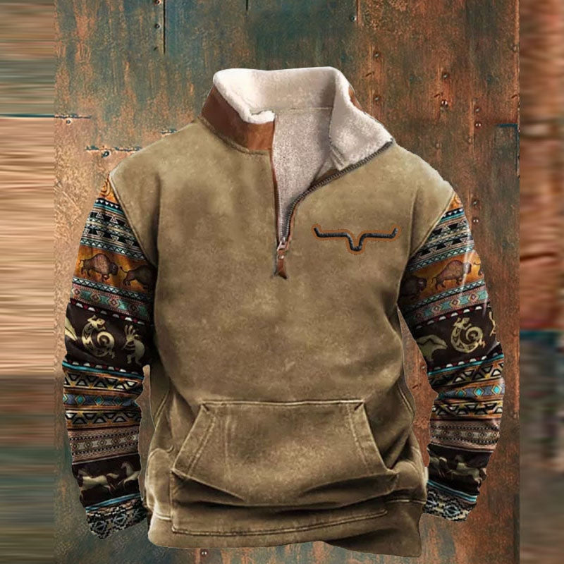 Men's Half Zip Fleece Jumper, Borg Collar Pullover with Patterned Sleeves