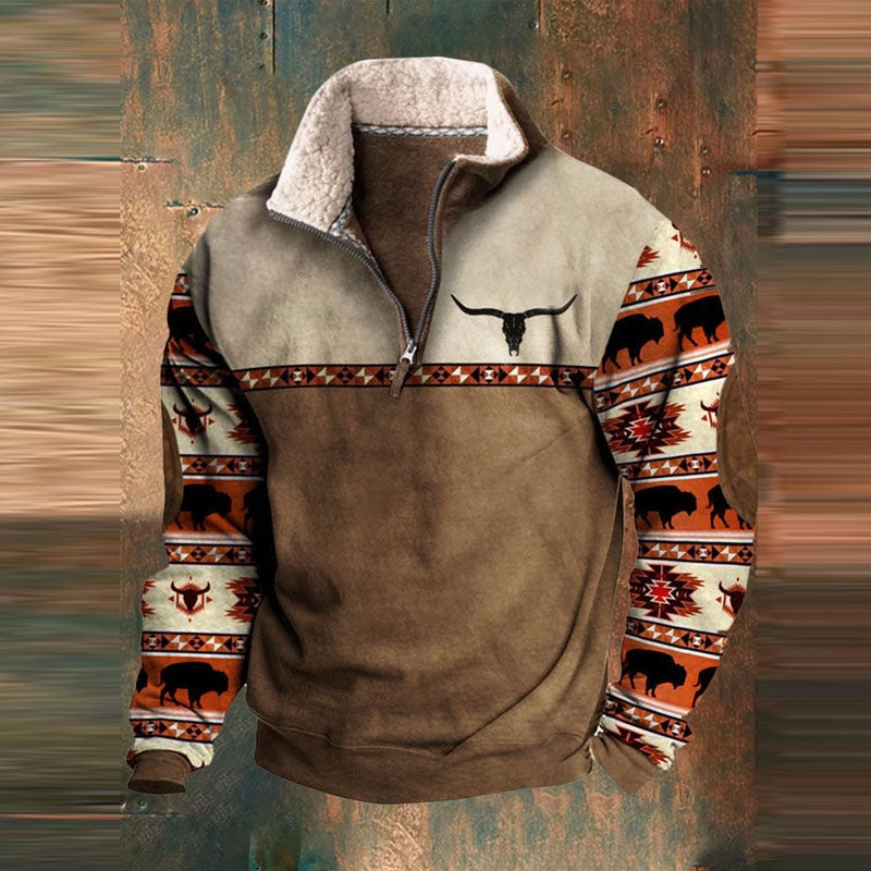 Men's Half Zip Fleece Jumper, Borg Collar Pullover with Patterned Sleeves
