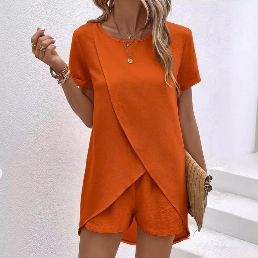 Short Sleeve Co Ord Lounge Set Women Woven Fabric Wrap Hem Relaxed Fit