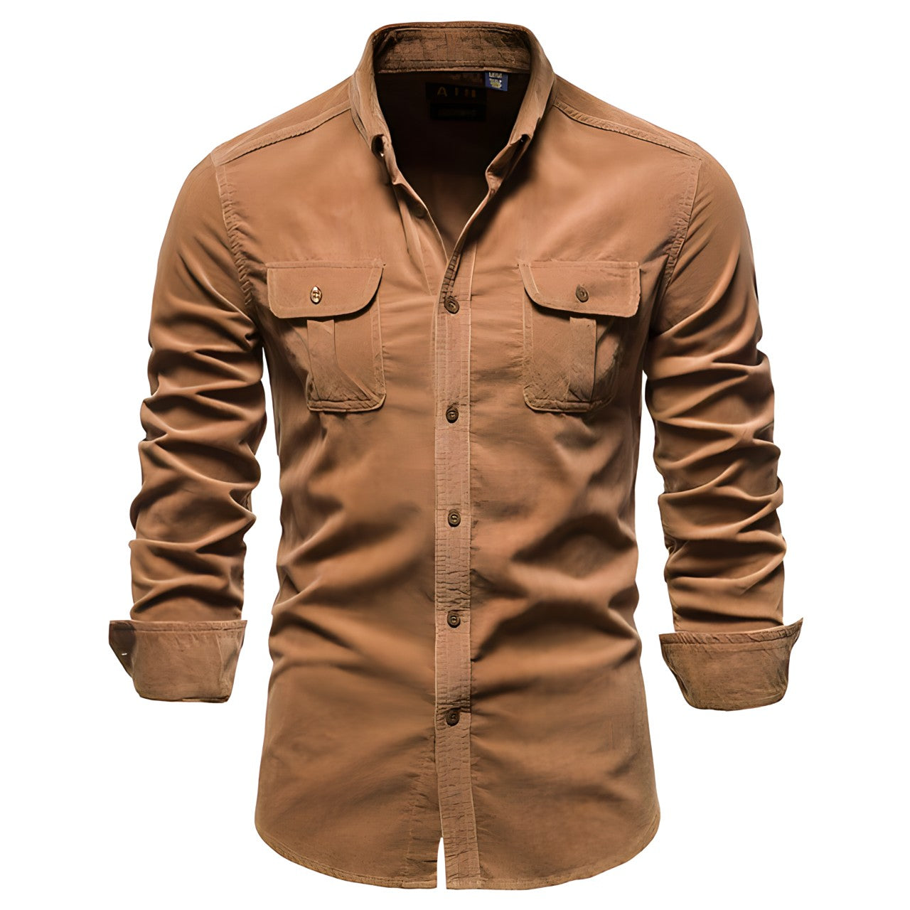 Men's Cargo Shirt Cotton Long Sleeve Dual Chest Pocket Slim Fit