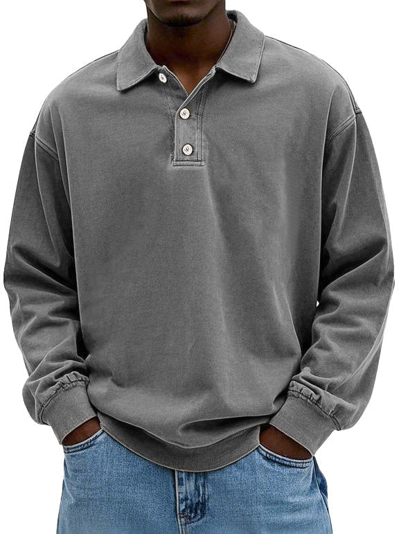 Men's Polo Sweatshirt Washed Cotton Oversized Long Sleeve Casual