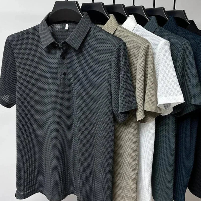 Men's Polo Shirt Waffle Knit Short Sleeve Button Placket Slim Fit