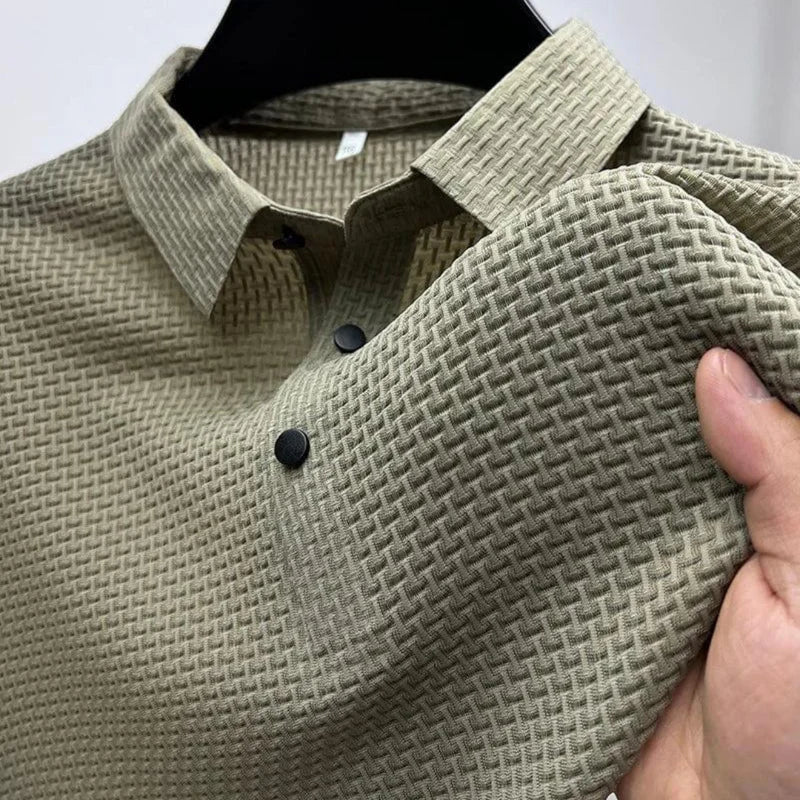 Men's Polo Shirt Waffle Knit Short Sleeve Button Placket Slim Fit