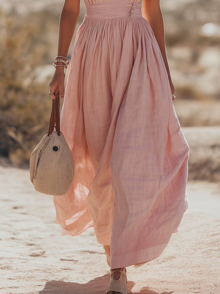 Halter Neck Maxi Dress Women Linen Blend Gathered Waist Sleeveless