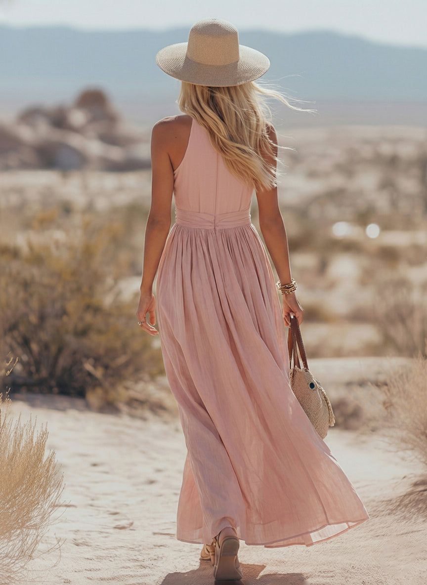 Halter Neck Maxi Dress Women Linen Blend Gathered Waist Sleeveless