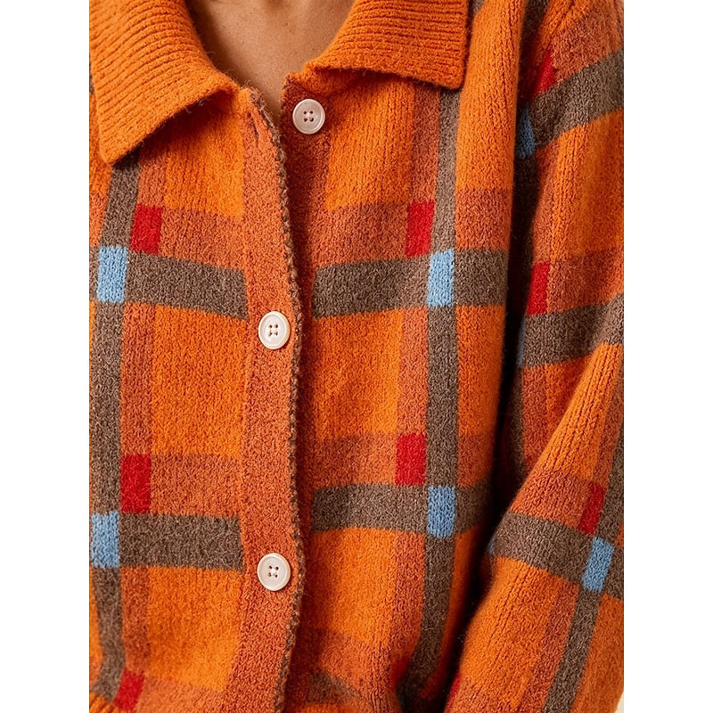 Loretta | Women's Checked Collared Button-Front Cardigan