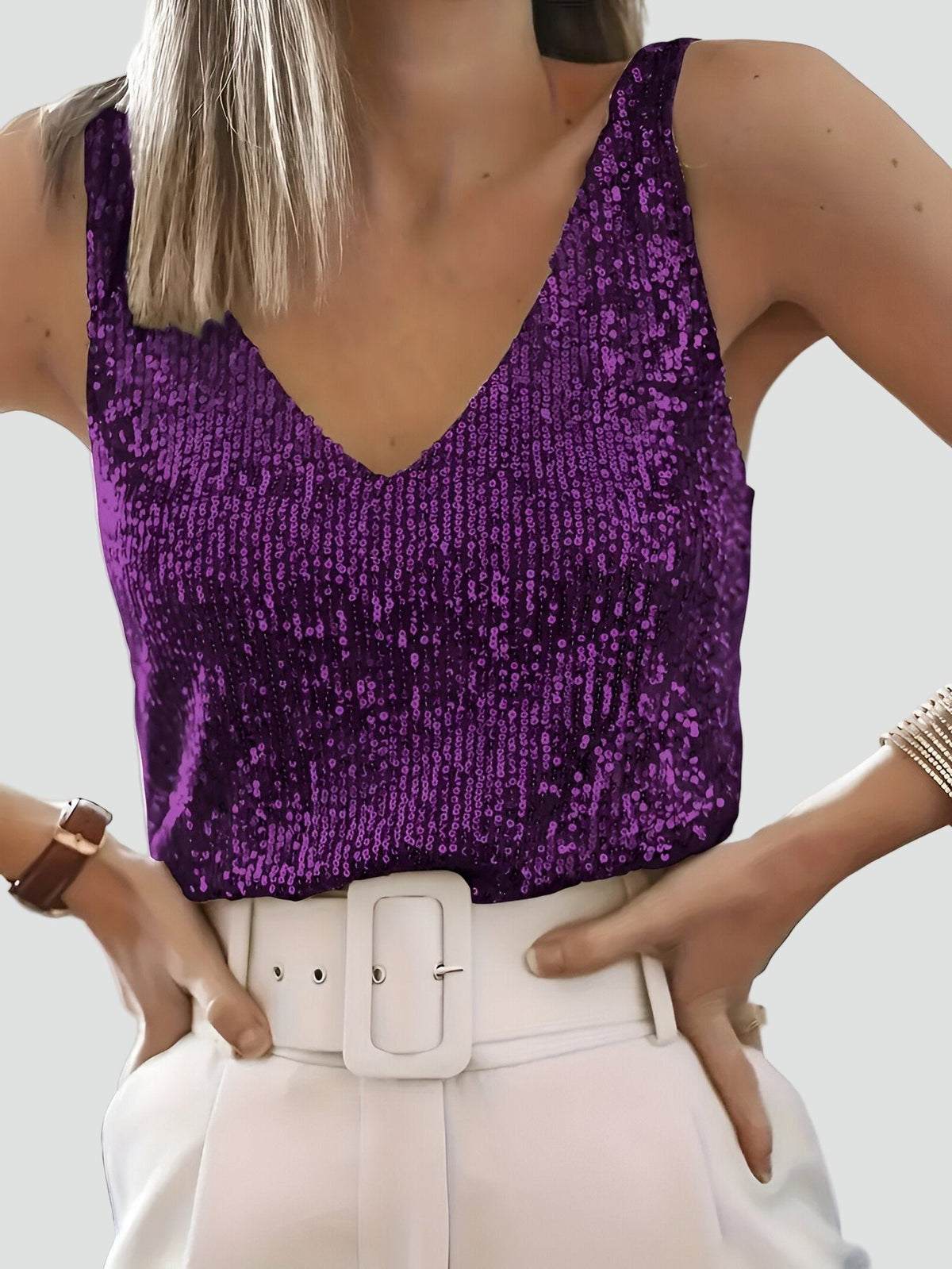 Women's Sequin Cami Top with V-Neck