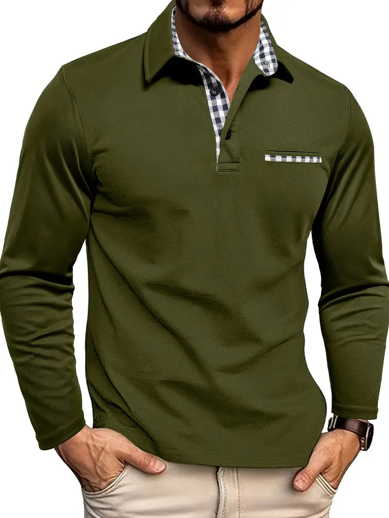 Men's Long Sleeve Polo Shirt Cotton Blend Plaid Collar Chest Pocket