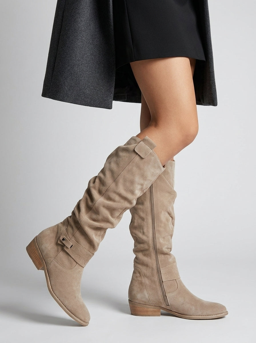 Women's Suede-Look Slouchy Knee High Boots, Ruched Low Block Heel