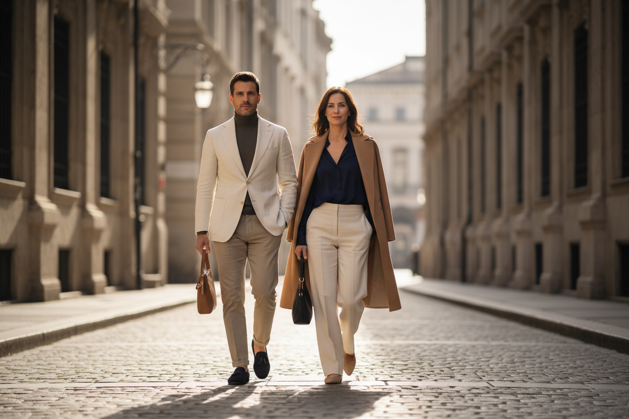 stylish man and woman walking through elegant European streets, wearing minimalist neutral-toned outfits (cream, navy, beige, charcoal), timeless tailoring and soft fabrics, natural sunlight reflecting off stone buildings, calm confident expressions, cinematic composition, editorial street fashion photography, luxury old-money vibe, captured with a Leica Q3, ultra-realistic details, shallow depth of field, soft color grading