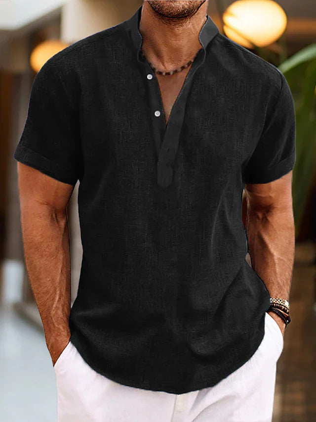 Henley Shirt in Cotton-Linen with Short Sleeves