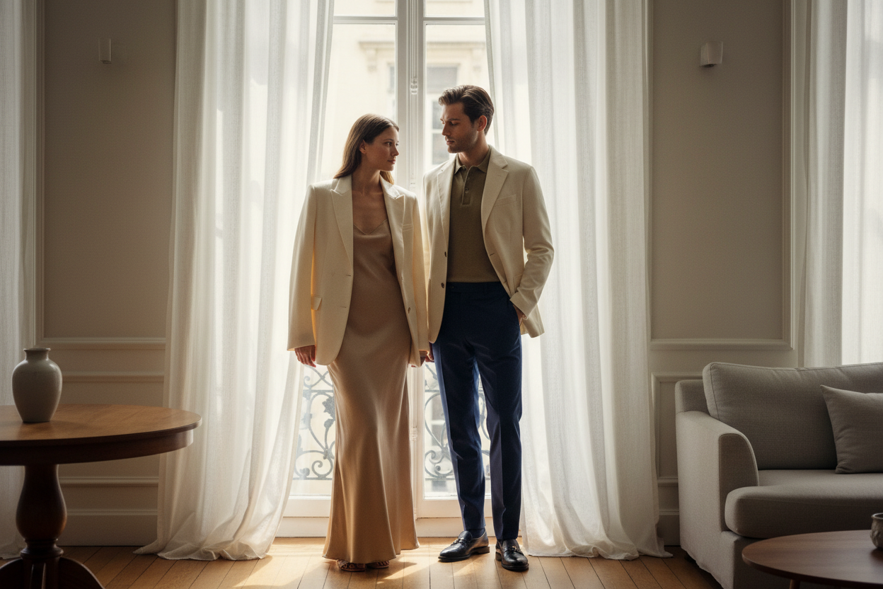 two elegant models in a sunlit European apartment, dressed in refined neutral-toned clothing (beige, ivory, navy, olive), standing near a large window with flowing linen curtains, soft natural light highlighting textures of fine fabrics, calm and confident expressions, subtle connection between them, timeless and luxurious atmosphere, editorial fashion photography style, ultra-realistic, captured with a Leica Q3, depth of field, cinematic tone