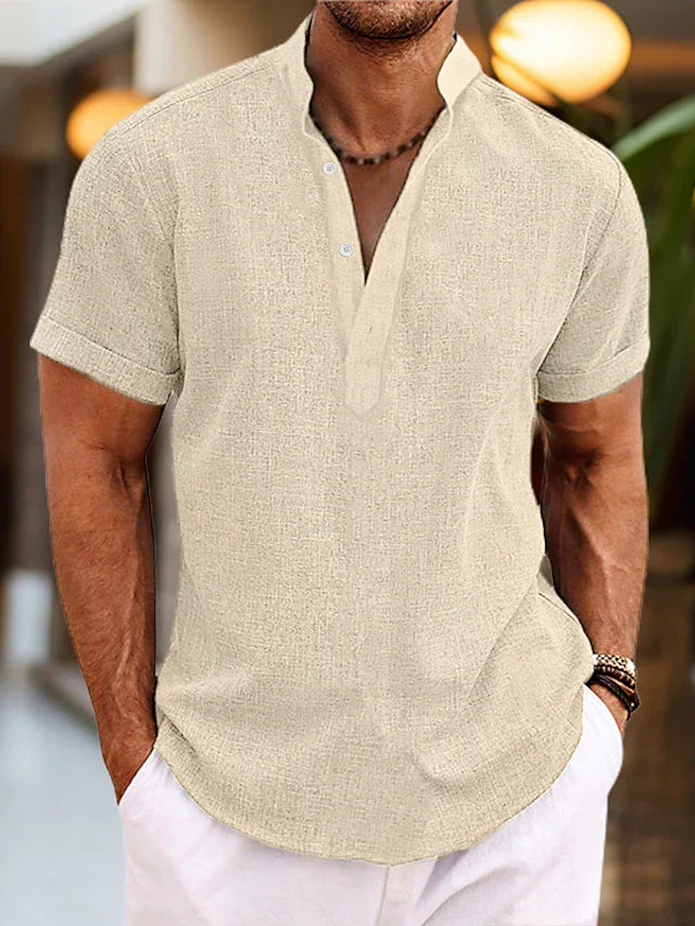 Henley Shirt in Cotton-Linen with Short Sleeves