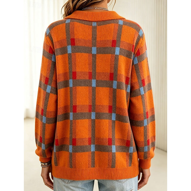 Loretta | Women's Checked Collared Button-Front Cardigan