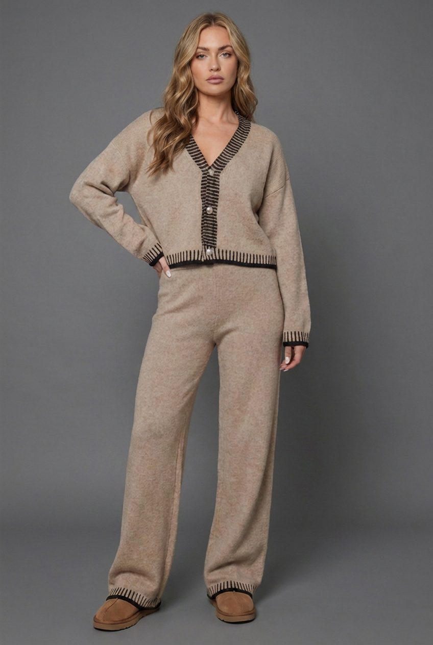 Women's Knit Cardigan Set Wide Leg Trousers