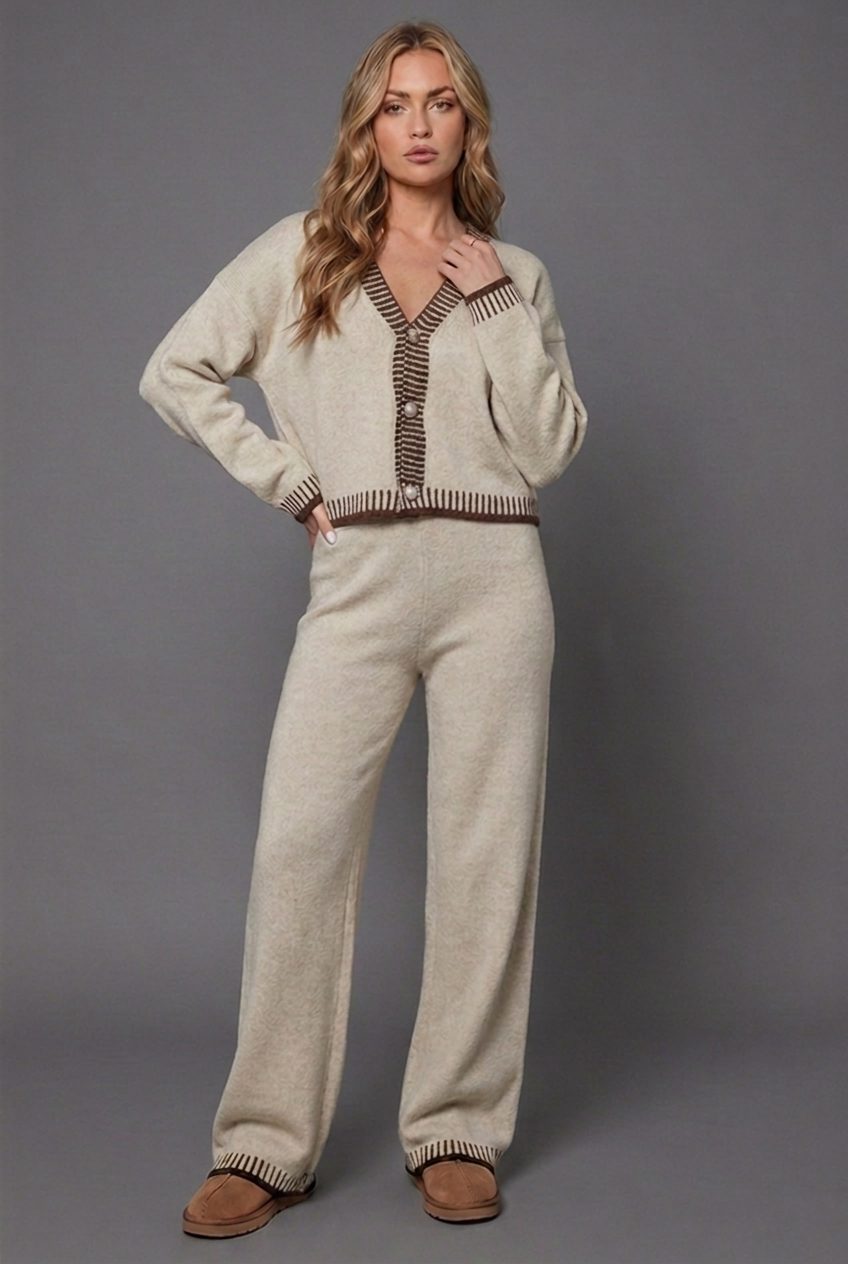 Women's Knit Cardigan Set Wide Leg Trousers