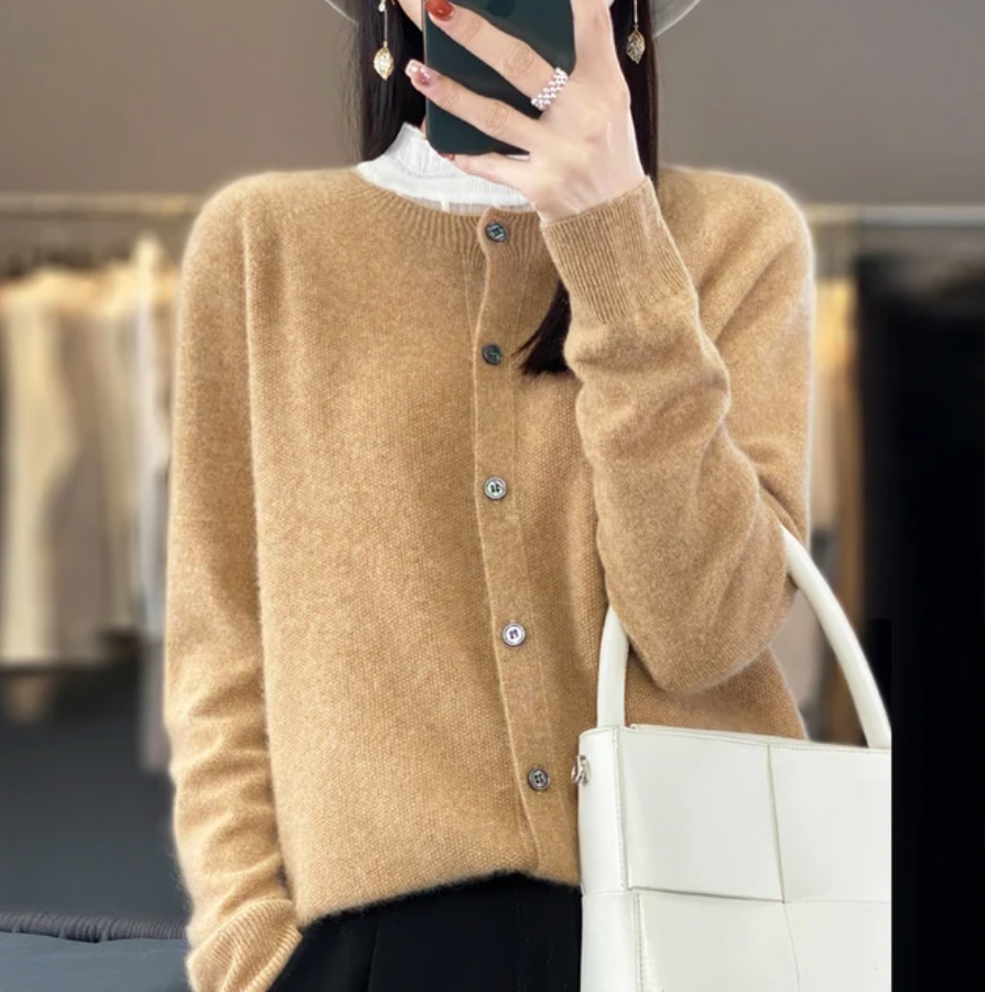 Women's crew-neck button-front cardigan in brown, front view