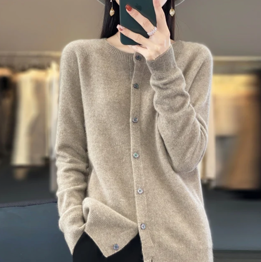 Women's crew-neck button-front cardigan in khaki, front view