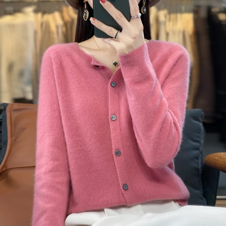 Women's crew-neck button-front cardigan in pink, front view