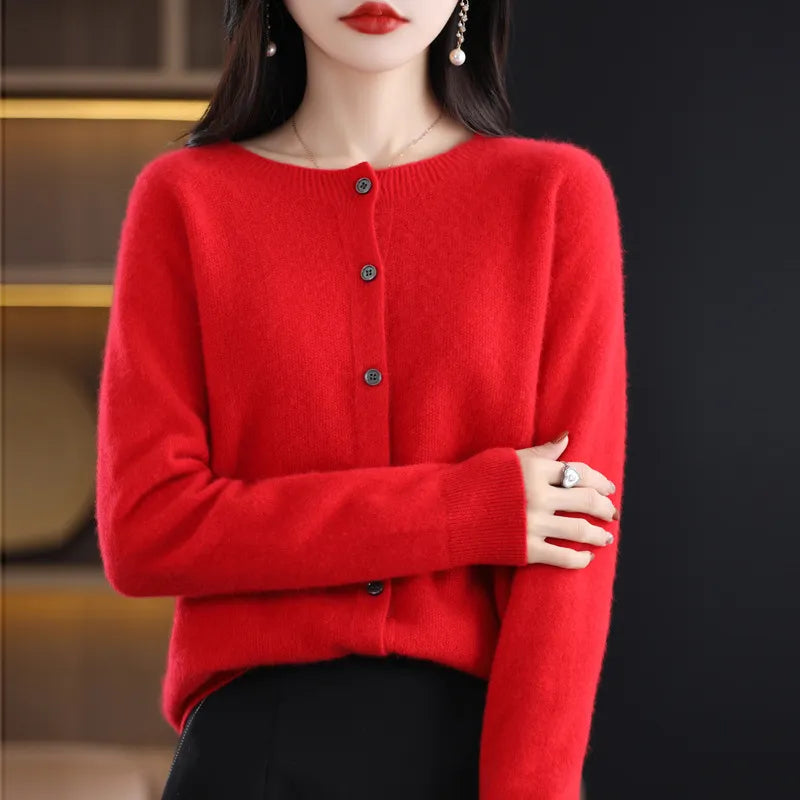 Women's crew-neck button-front cardigan in red, front view