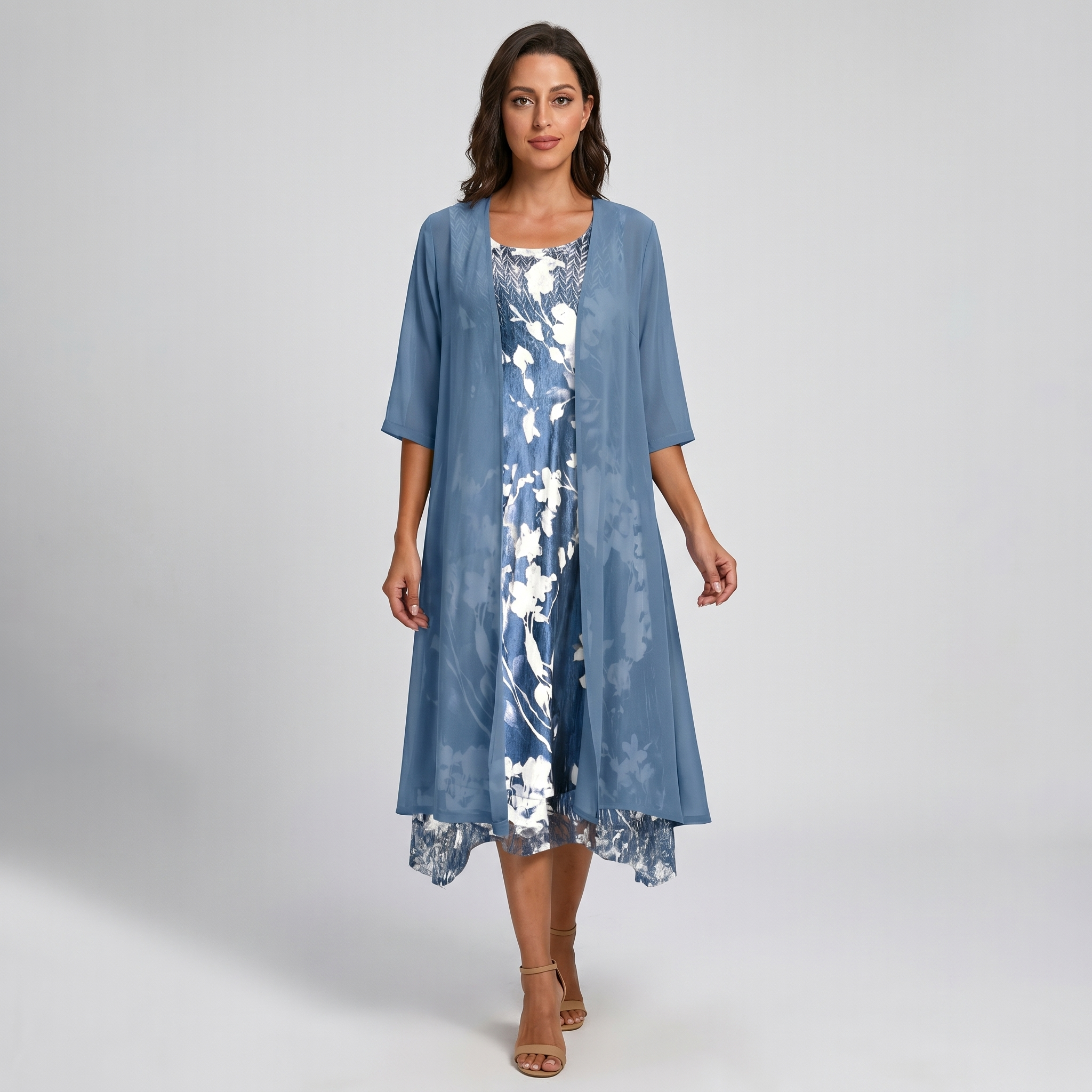 Women's Layered Midi Dress Chiffon Fabric Open Front Duster