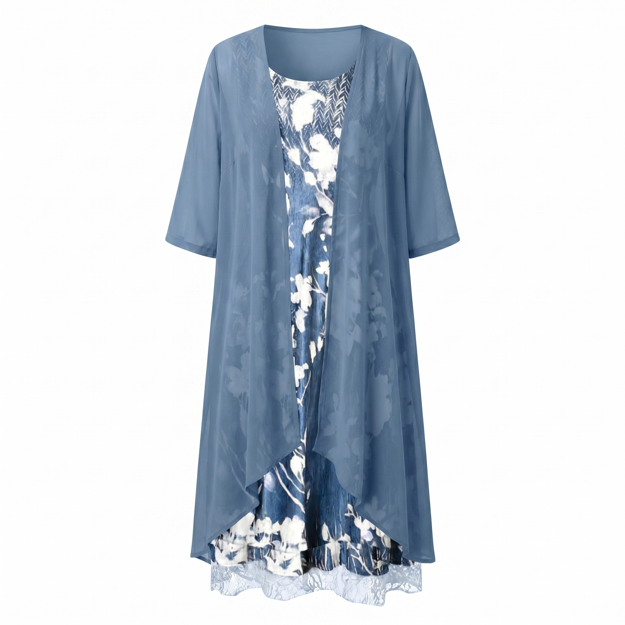 Women's Layered Midi Dress Chiffon Fabric Open Front Duster