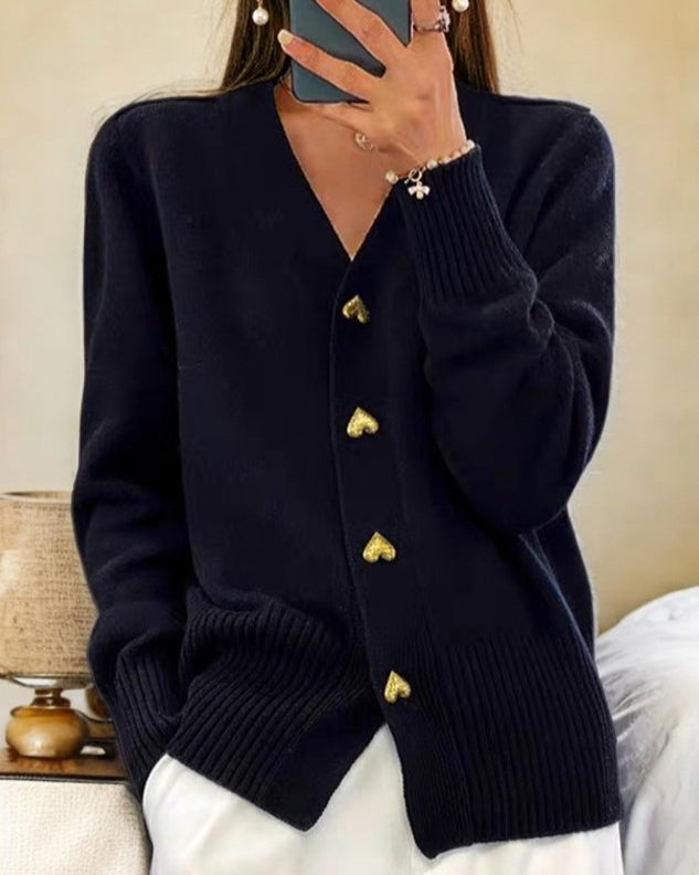 Women's V-neck heart-button cardigan in black, front view