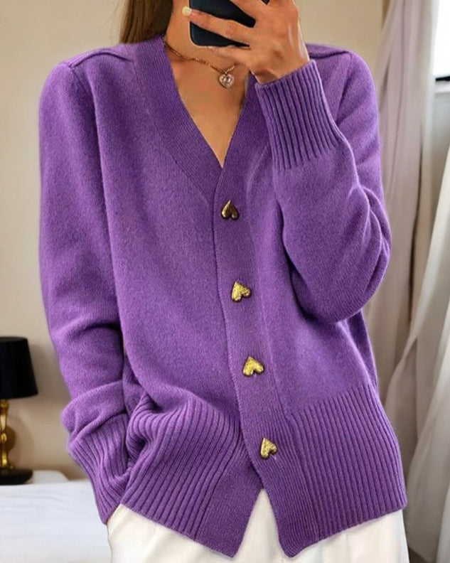 Women's V-neck heart-button cardigan in purple, front view
