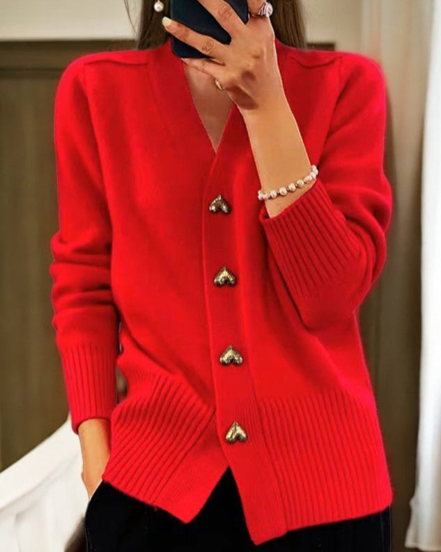 Women's V-neck heart-button cardigan in red, front view