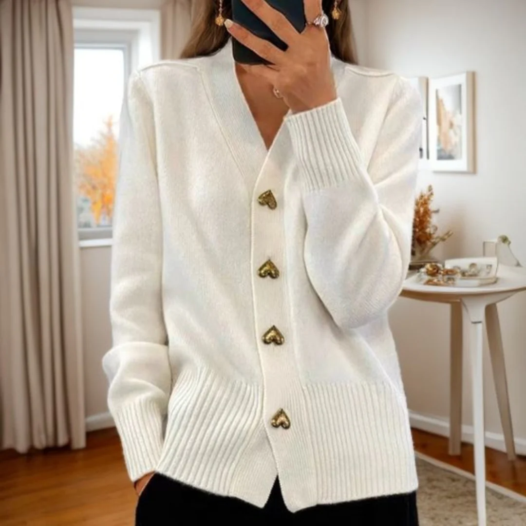 Women's V-neck heart-button cardigan in white, front view