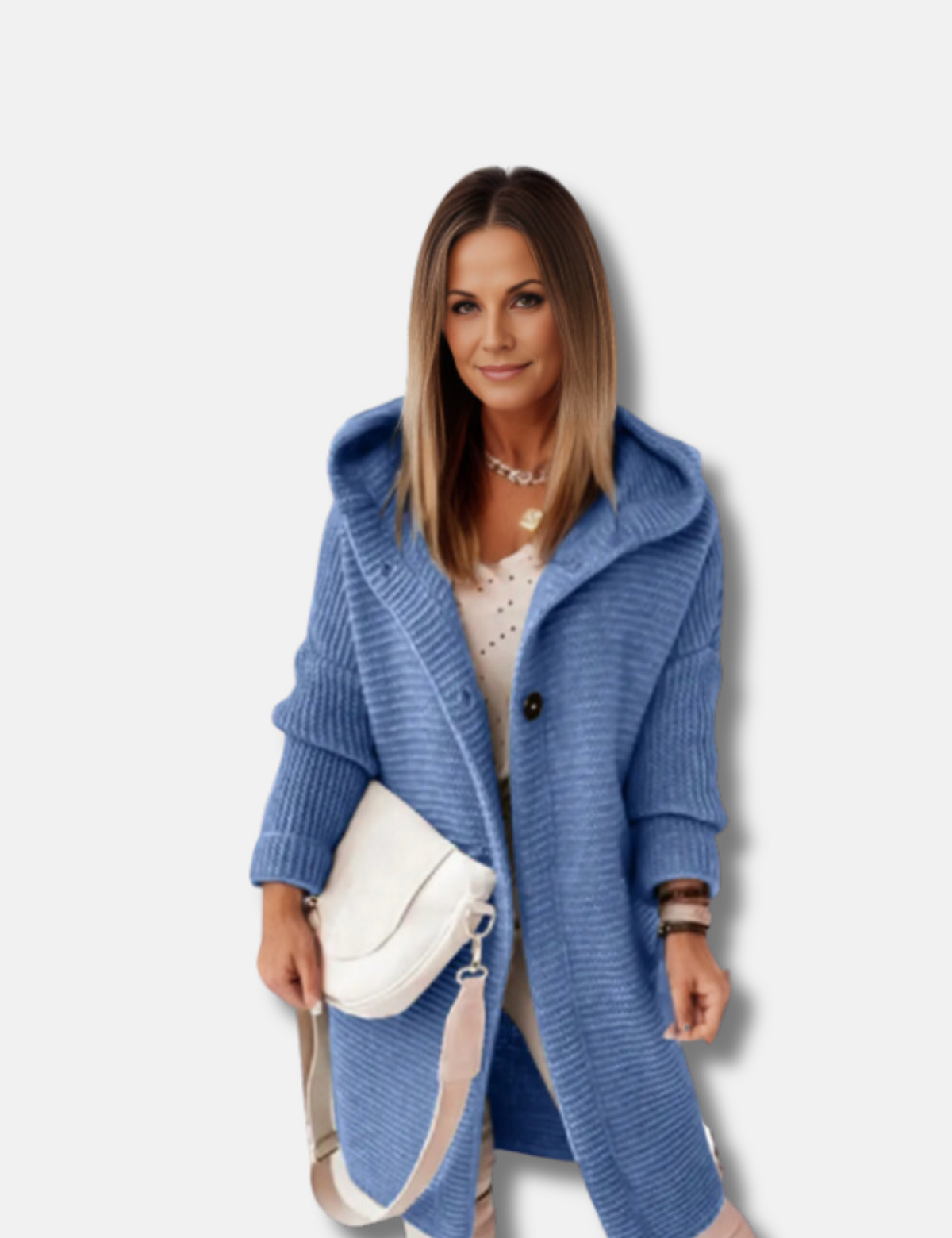 Women's longline hooded ribbed cardigan in blue, front view
