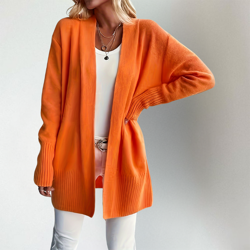 Women's open-front ribbed cardigan in orange, front view