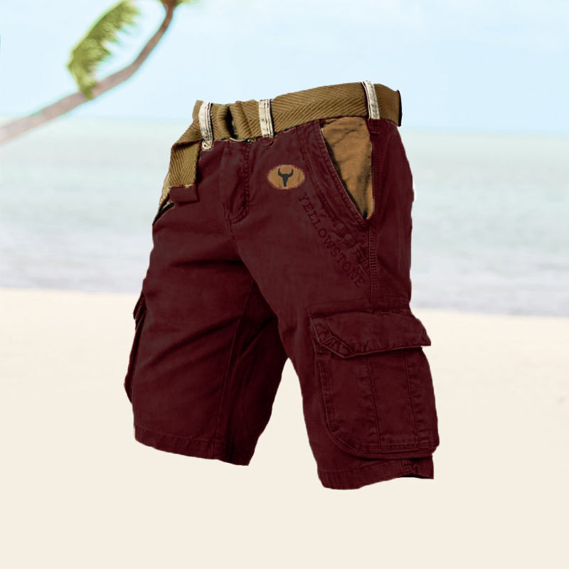 Men's Cargo Shorts Washed Cotton Belted Multi Pocket Relaxed Fit