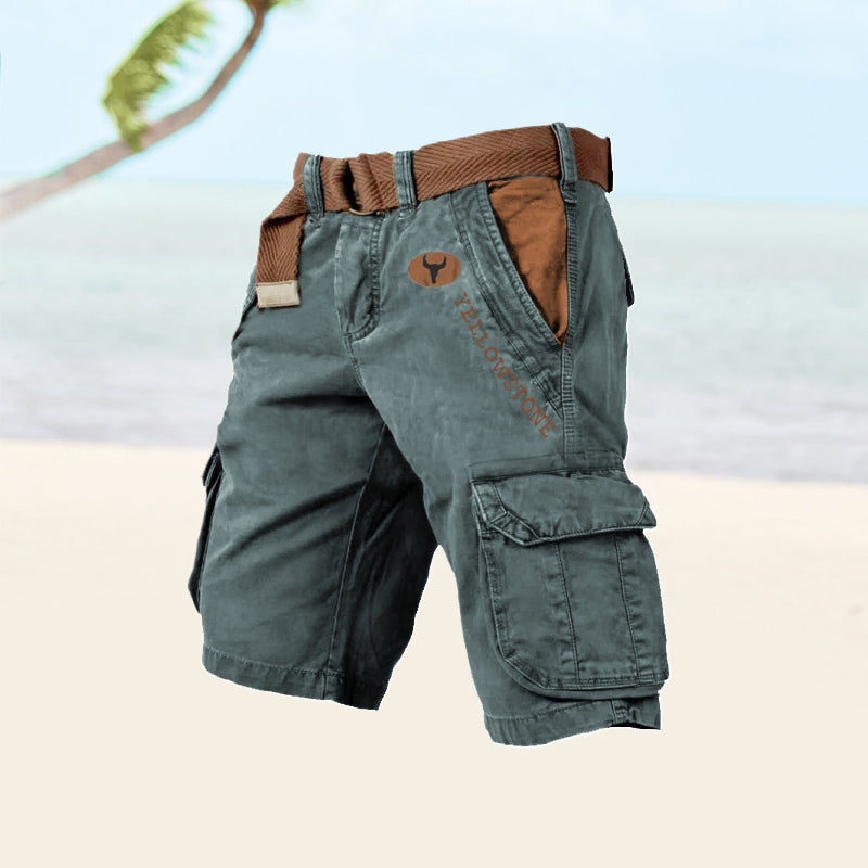Men's Cargo Shorts Washed Cotton Belted Multi Pocket Relaxed Fit