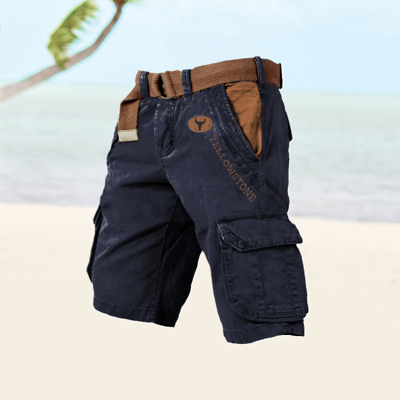 Men's Cargo Shorts Washed Cotton Belted Multi Pocket Relaxed Fit